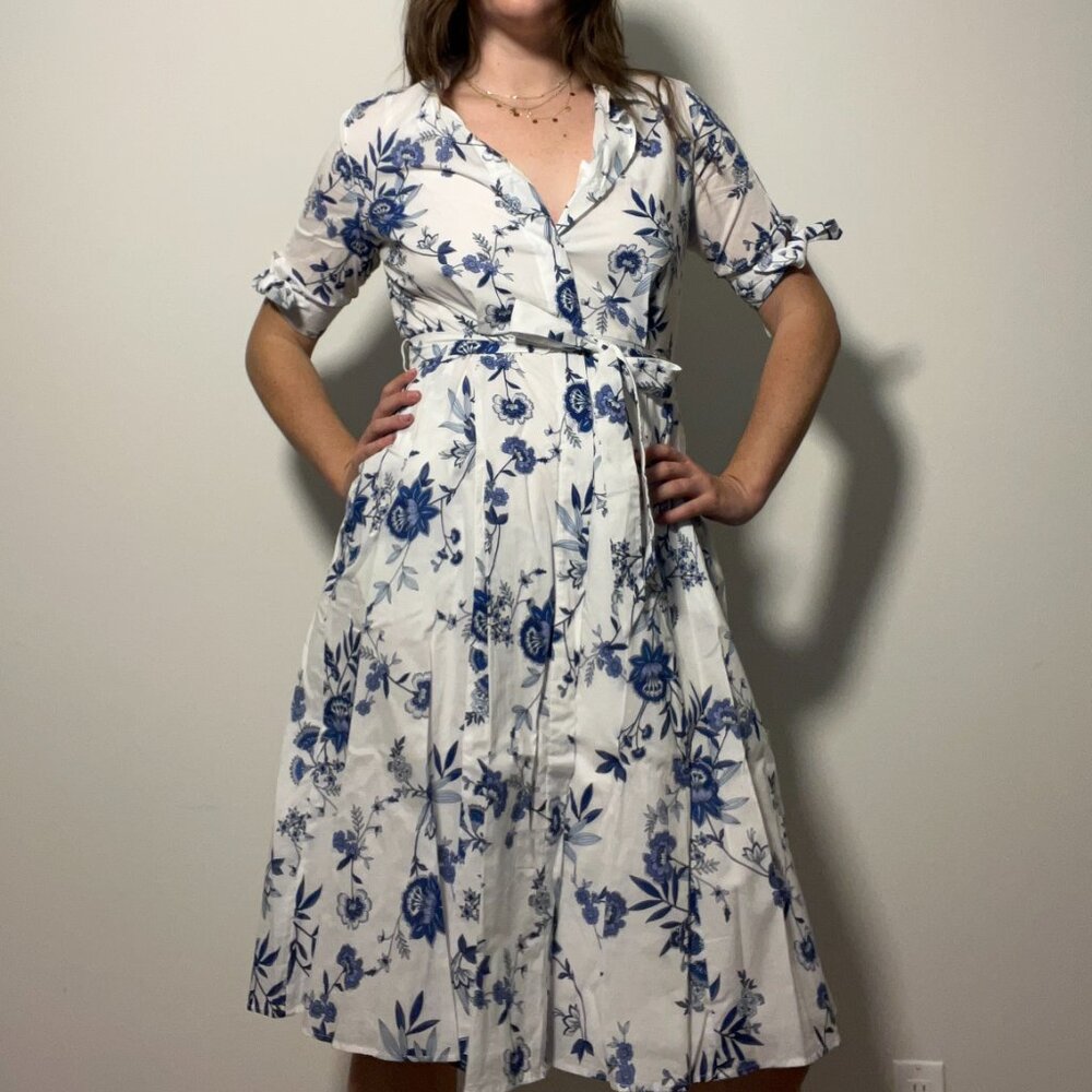 Calvin Klein White & Blue Floral Midi Dress – Elegant & Timeless